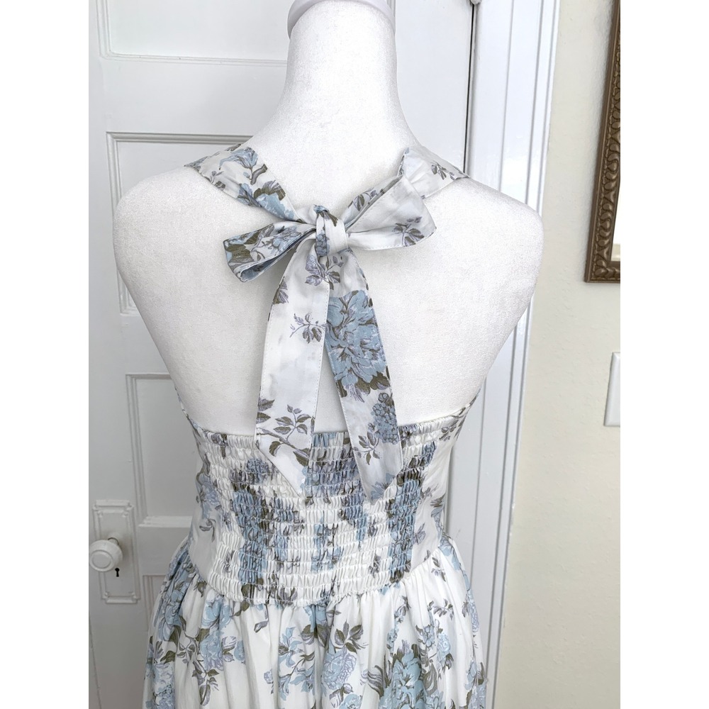 Floral Halter Sun Dress XS Coquette Blue White Sweetheart V-Waist Cottagecore - Picture 14 of 16